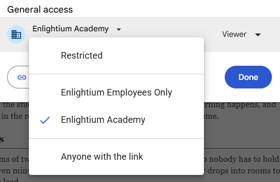 The Google Drive General access menu with Enlightium Academy selected, above the Enlightium Employees Only option.