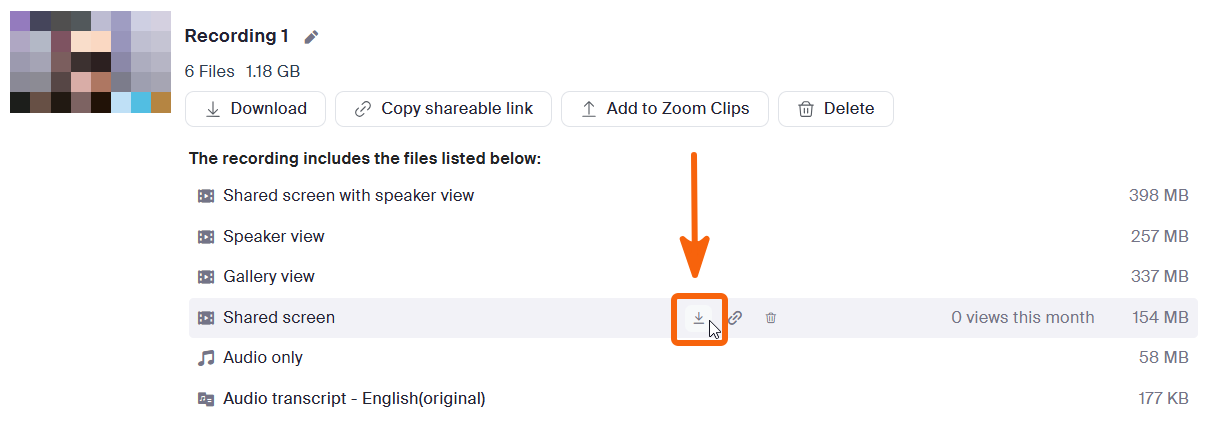A Zoom recording expanded to show six files, with the download arrow beside the Shared screen file highlighted.
