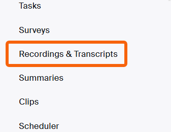 The Zoom web portal left-hand menu with Recordings and Transcripts highlighted.
